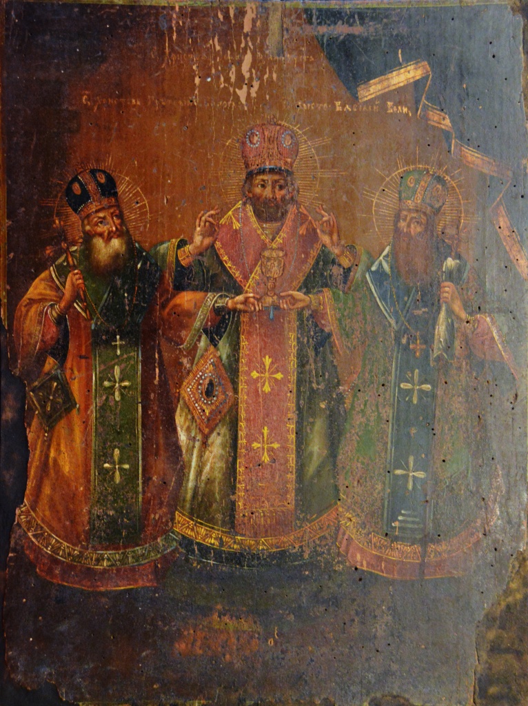 Ікона Троє Святих ХІХ ст., Черкащина, 40(h) х31,5 х1.5 см..JPG